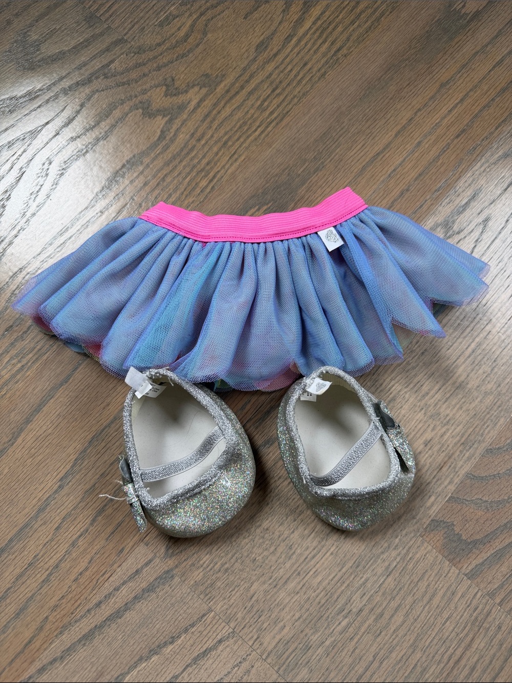 Build-A-Bear Pastel Rainbow Tutu Skirt & Silver Sparkle Glitter Bow Flats Set